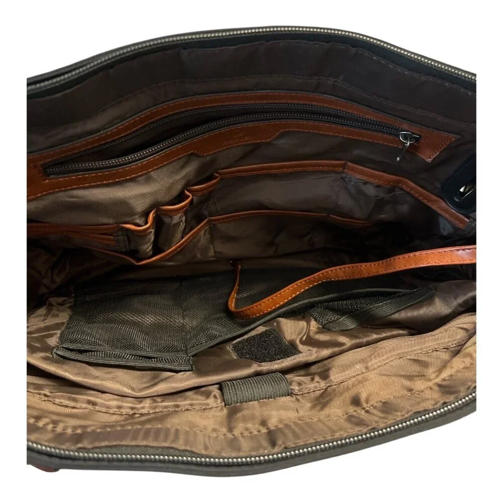 Relavel Black Nylon Tote Bag with Brown Faux Leather Trim – USB Port – Large Wor